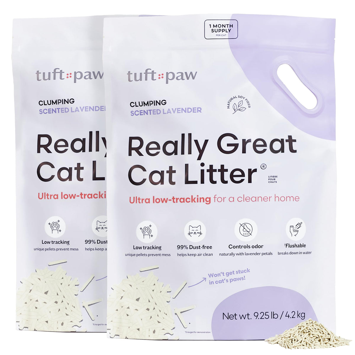 Tuft & Paw Really Great Cat Litter packaging shows a two-bag set for convenient home use.