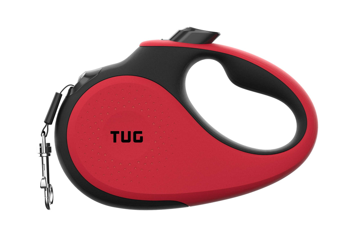 TUG 360° tangle-free retractable dog leash red shows smooth operation for controlled walks