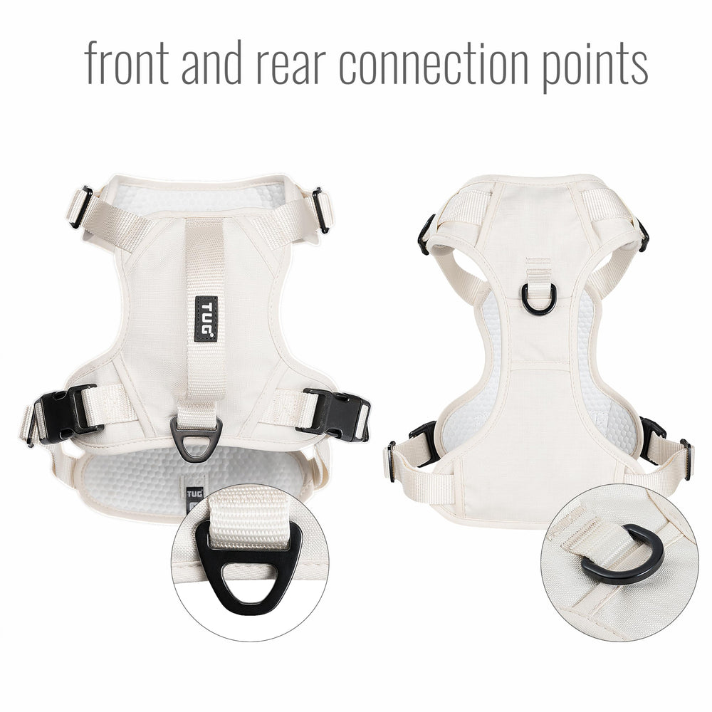 TUG dog harness padded interior offers gentle, chafe-free wear on long strolls.