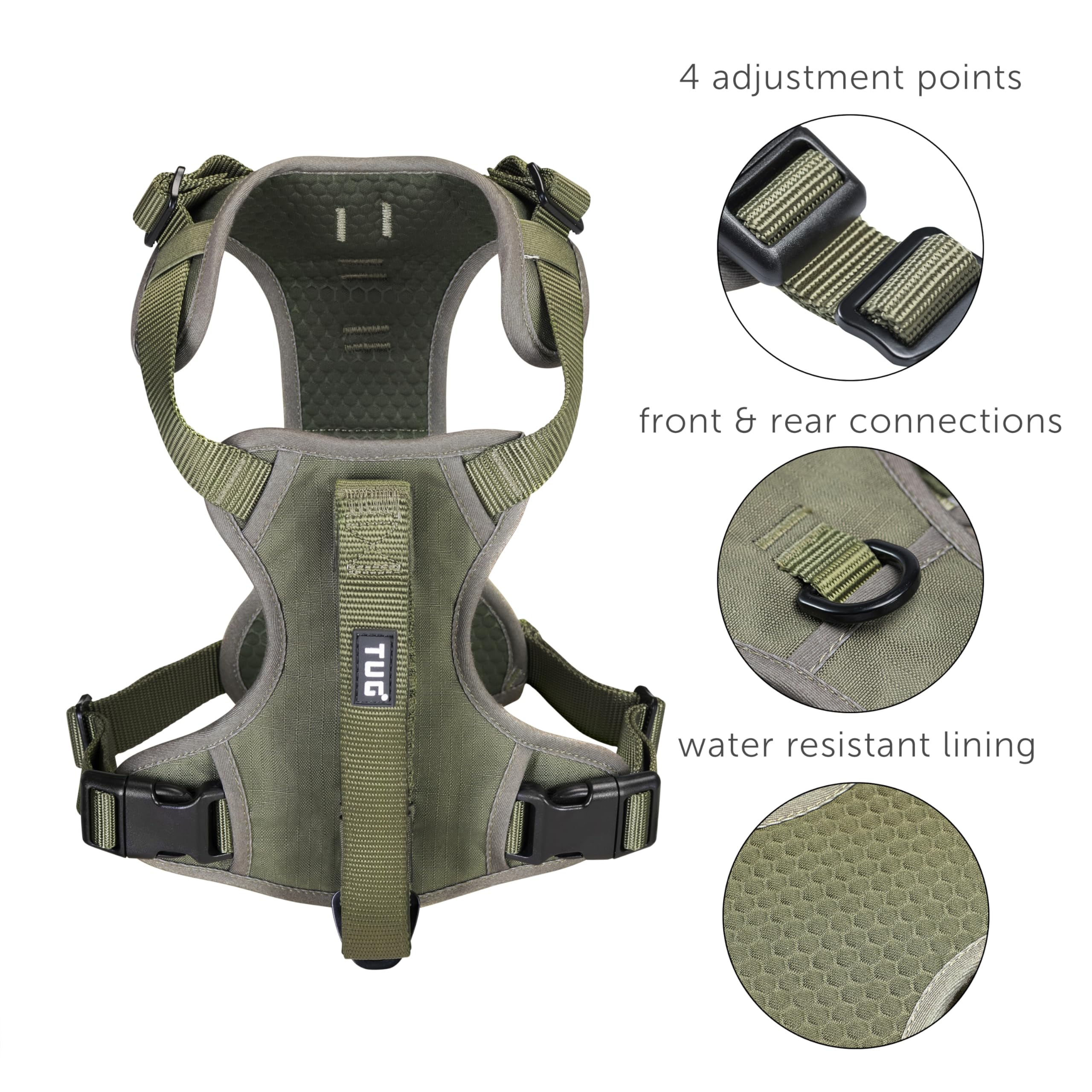 TUG Grab Harness rear-attachment-points support traditional control for confident daily walks.