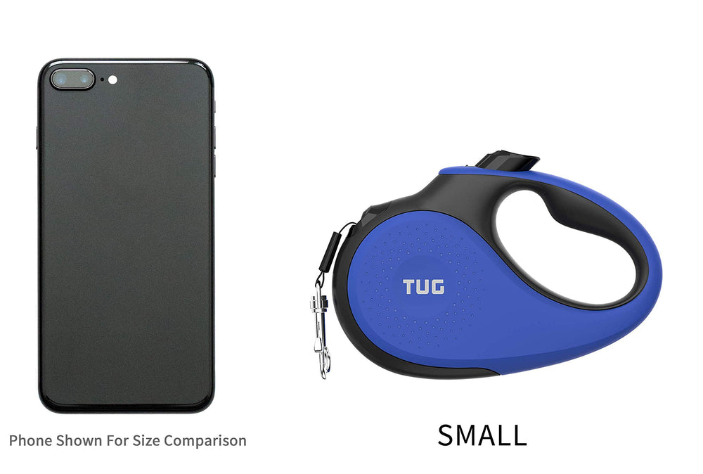 TUG small-size blue leash demonstrates suitability for dogs under 35 lbs.