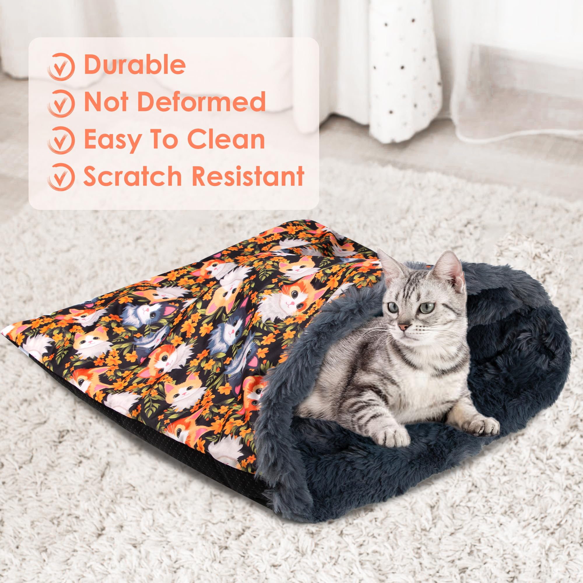 Tuiskusa cat bed cave warmth highlights heat-reflective layer for year-round comfort.