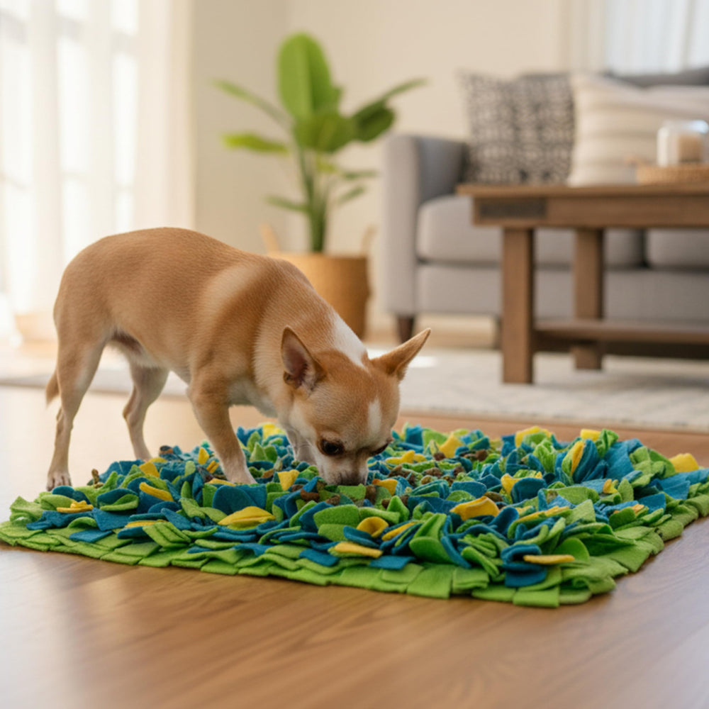 TUKOAW Snuffle Mat features blue, yellow, and green colors to spark curiosity.