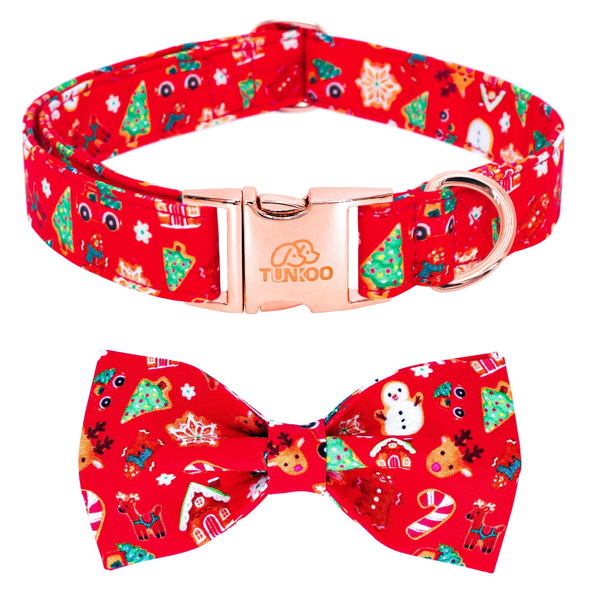 Tunkoo Christmas dog collar with bow tie, front view for festive holiday photos.