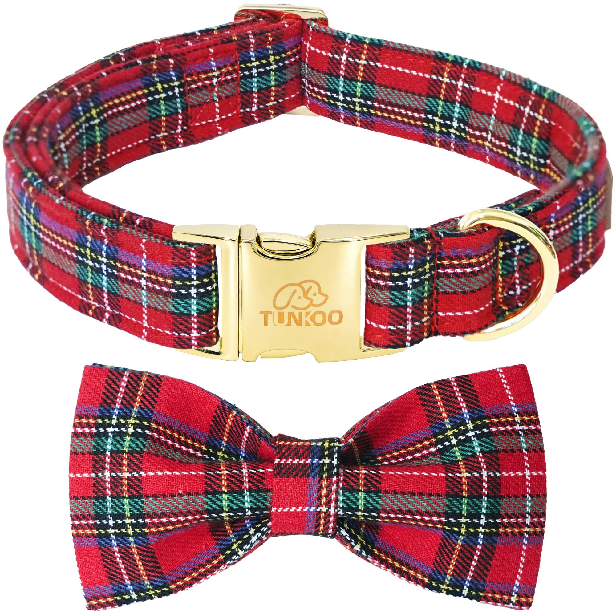 Tunkoo Christmas dog collar with bow-tie red plaid for festive outings.