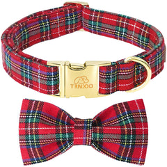 Tunkoo Christmas dog collar with bow-tie red plaid for festive outings.