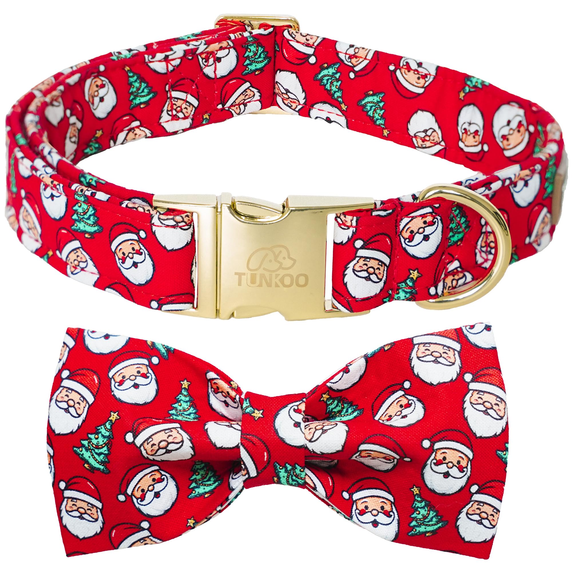 Tunkoo Christmas dog collar with bow tie showcases festive design for holiday photos.