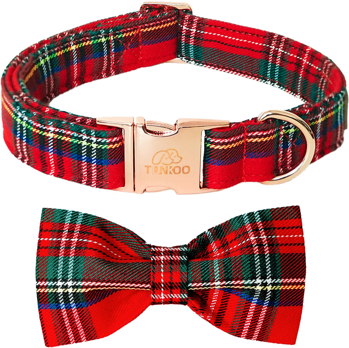 Tunkoo Christmas dog collar with bow tie in red plaid for festive walks.
