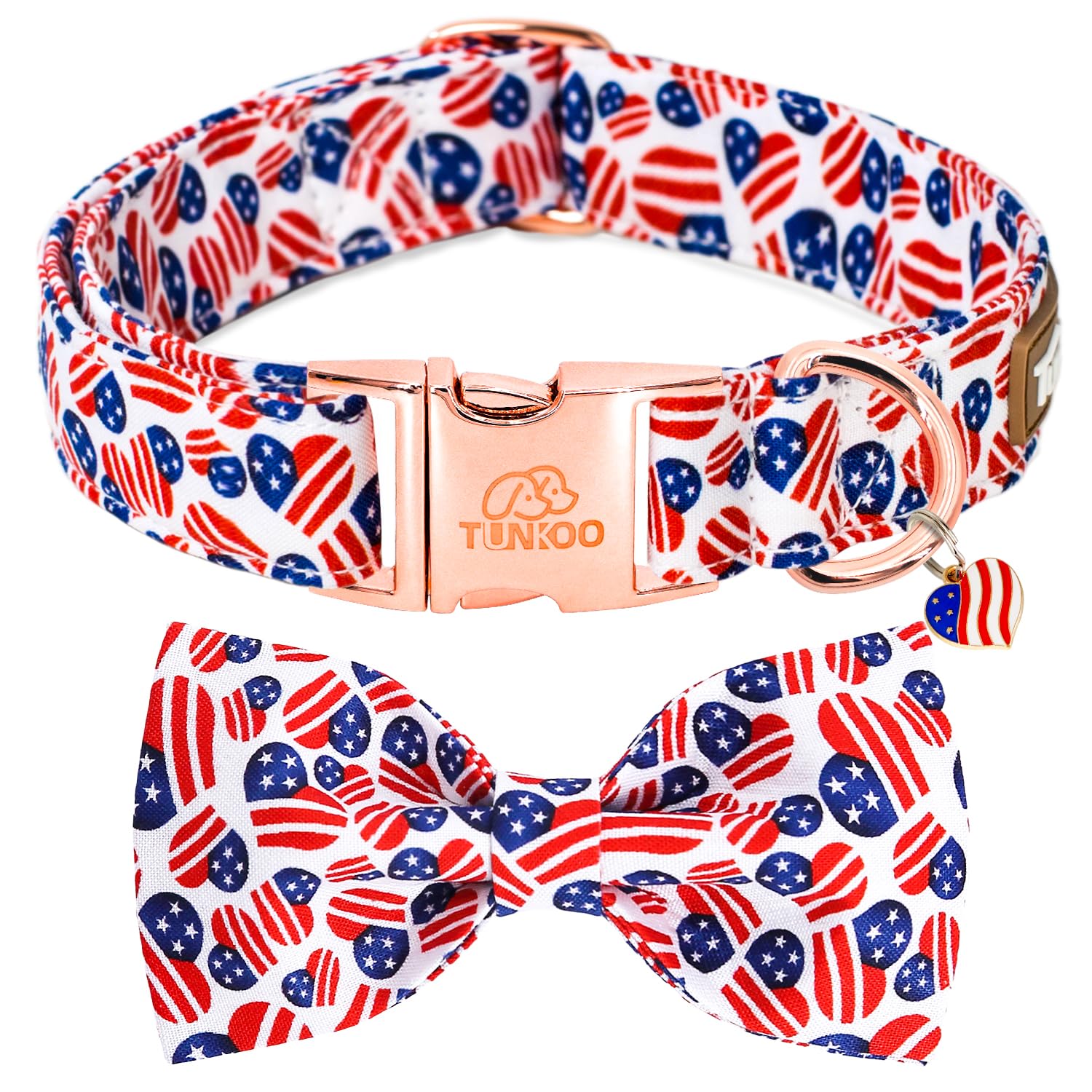 Collar Tunkoo con bandera estadounidense y lazo corazón, ideal para paseos llamativos.