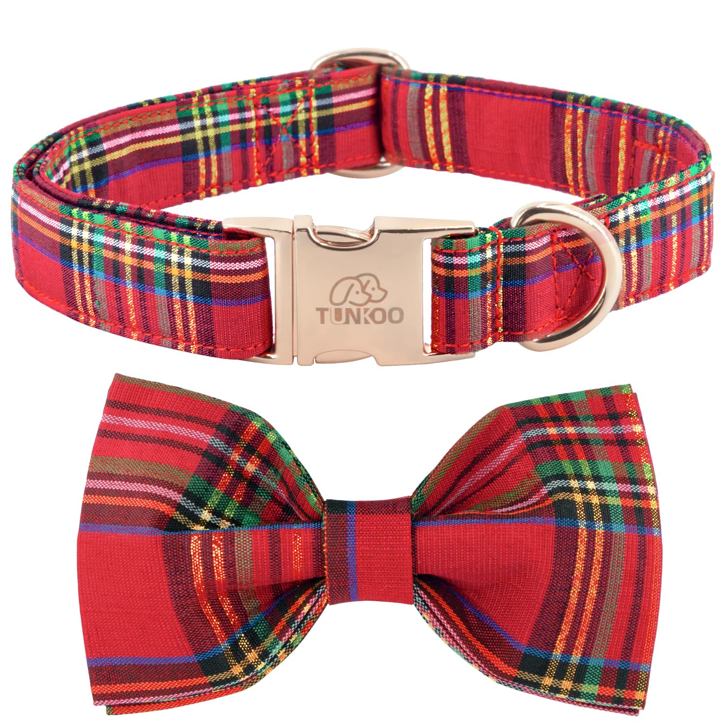 Tunkoo dog collar with Christmas plaid bow-tie in red for festive outings