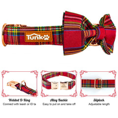 Tunkoo dog collar closeup showing soft cotton outer and vibrant bow-tie