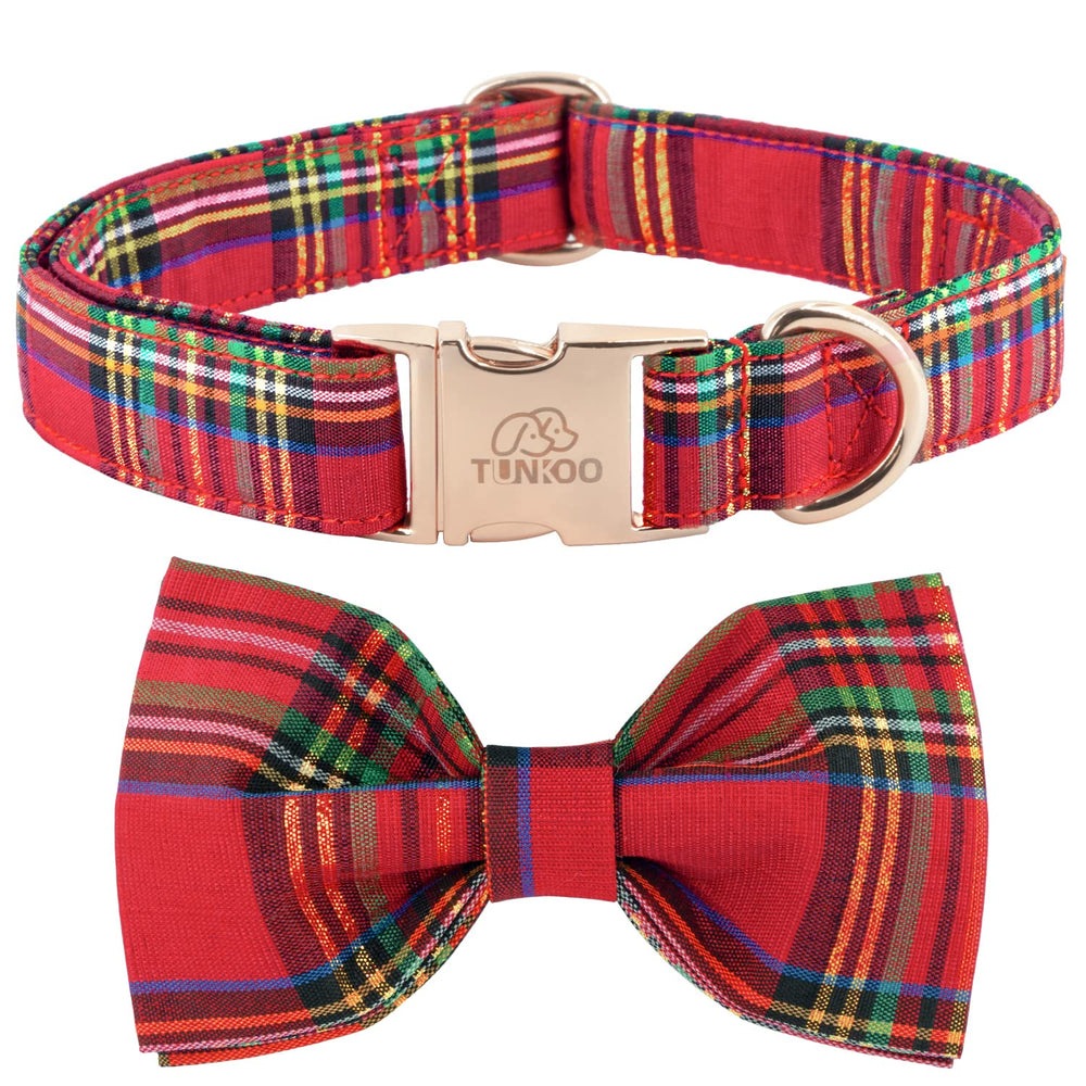 Tunkoo dog collar Christmas plaid closeup shows soft cotton and durable stitching for daily wear