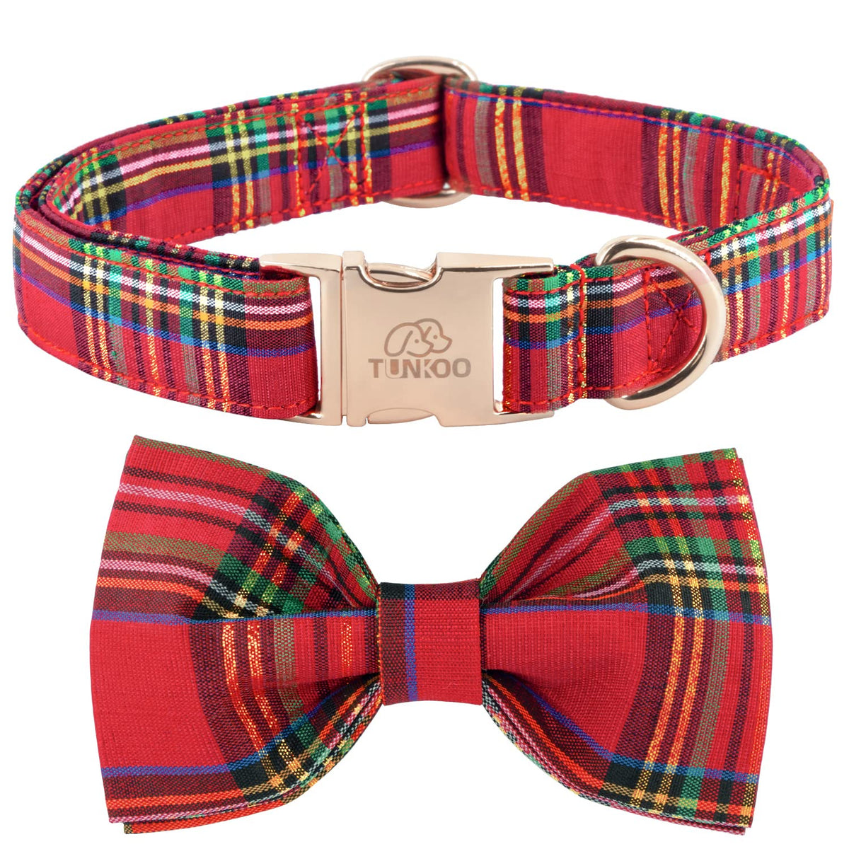 Tunkoo dog collar Christmas plaid closeup shows soft cotton and durable stitching for daily wear
