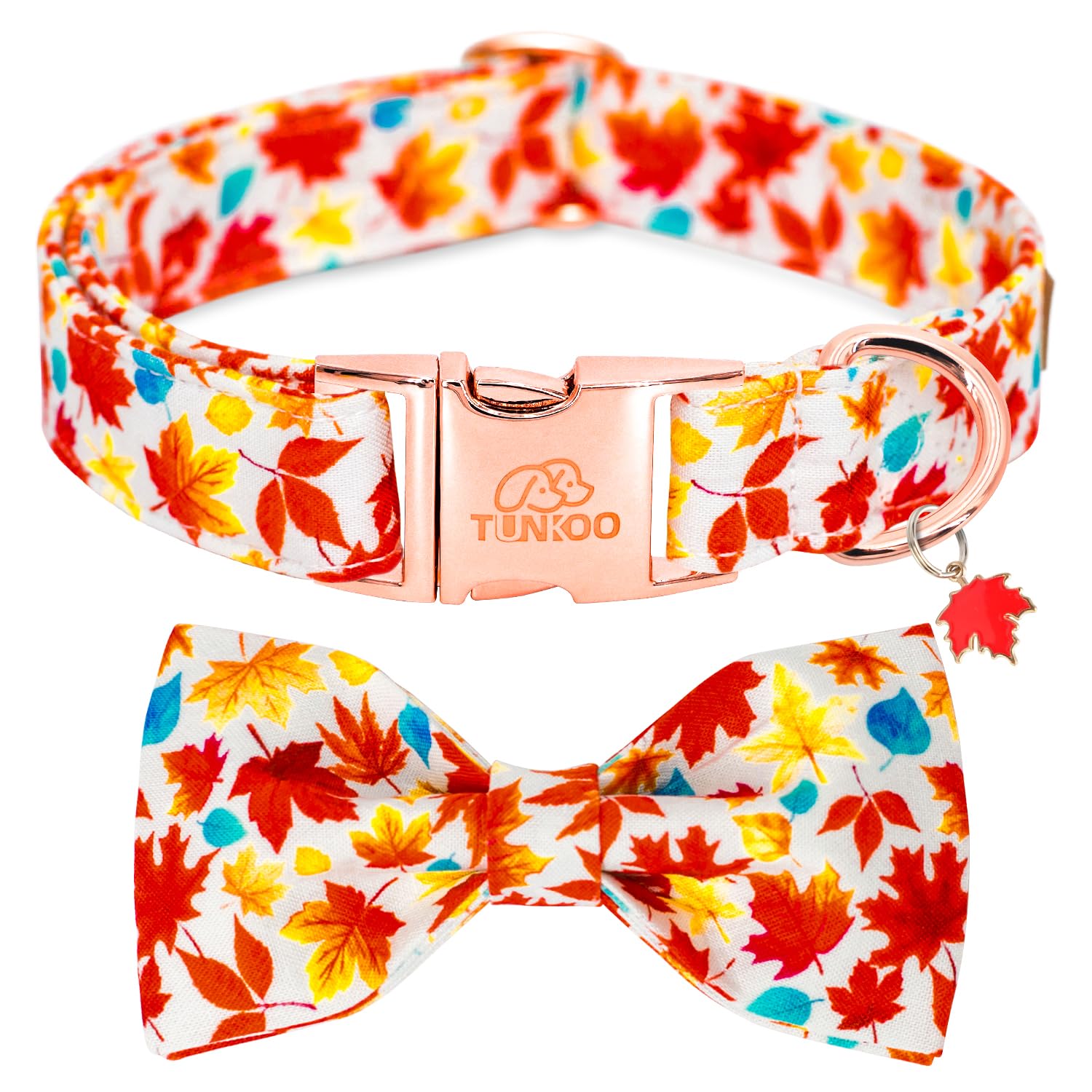 Tunkoo fall dog collar bow tie front view enhances autumn styling during daily walks.