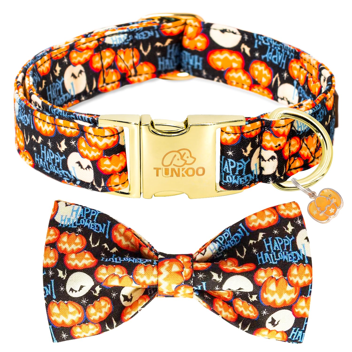 Tunkoo Halloween dog collar pumpkin pattern close-up for festive walks.