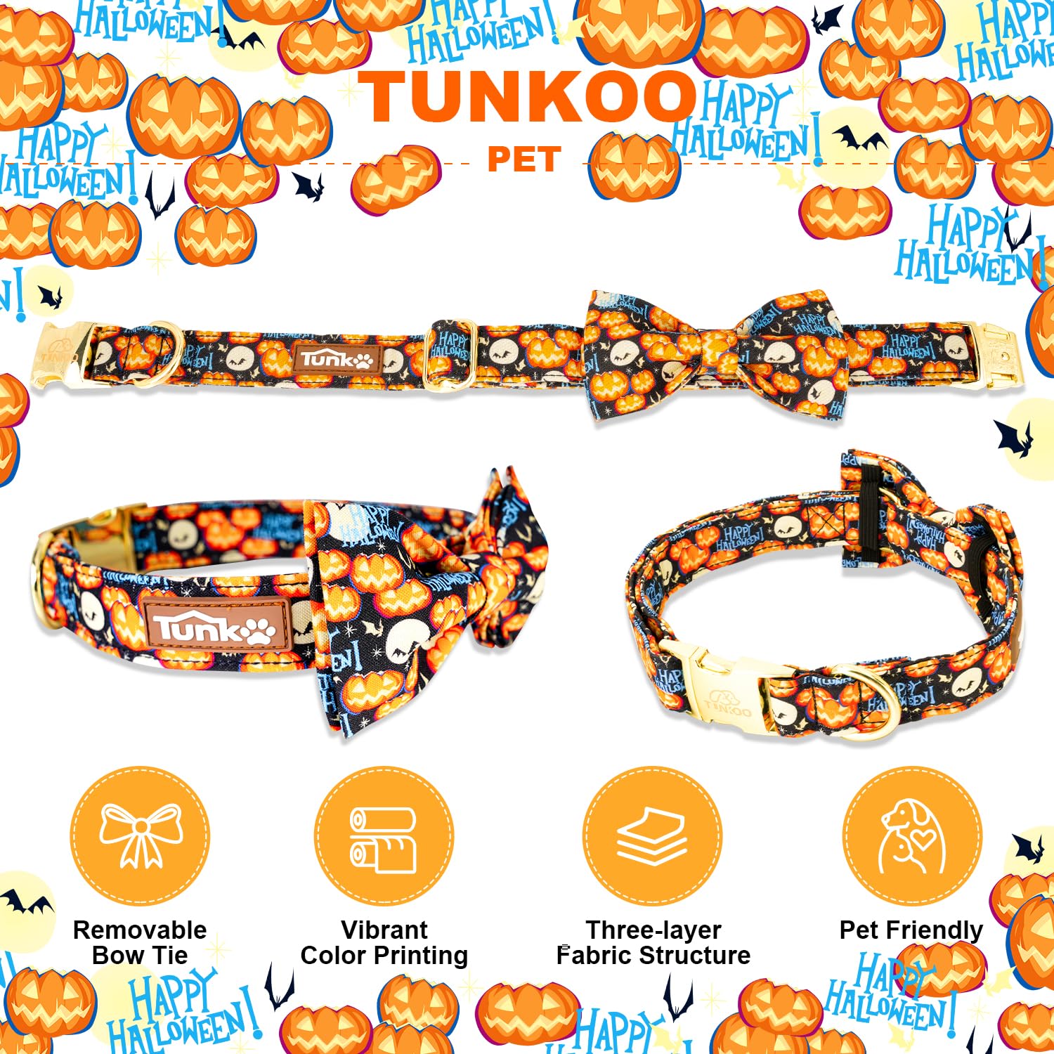 Tunkoo pumpkin collar small size worn on a tiny dog demonstrates secure fit.