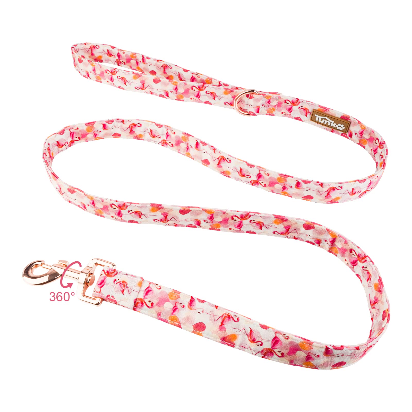 Tunkoo Pink Flamingo Heart Dog Leash close-up of brass buckle for secure fit.