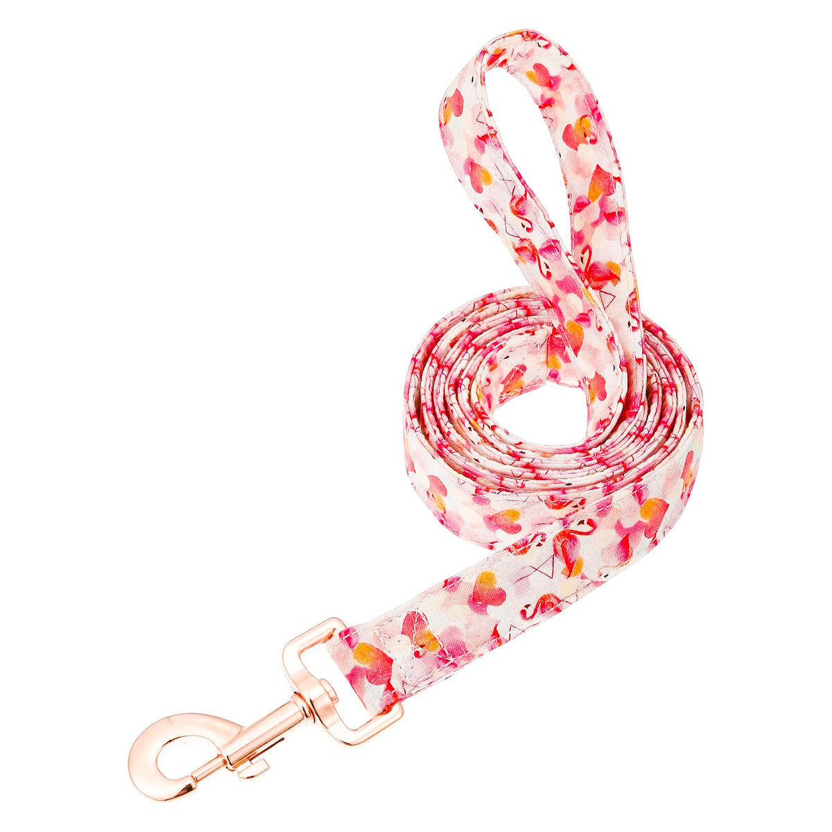 Tunkoo Pink Flamingo Heart Dog Leash front view shows bright print for stylish daily walks.