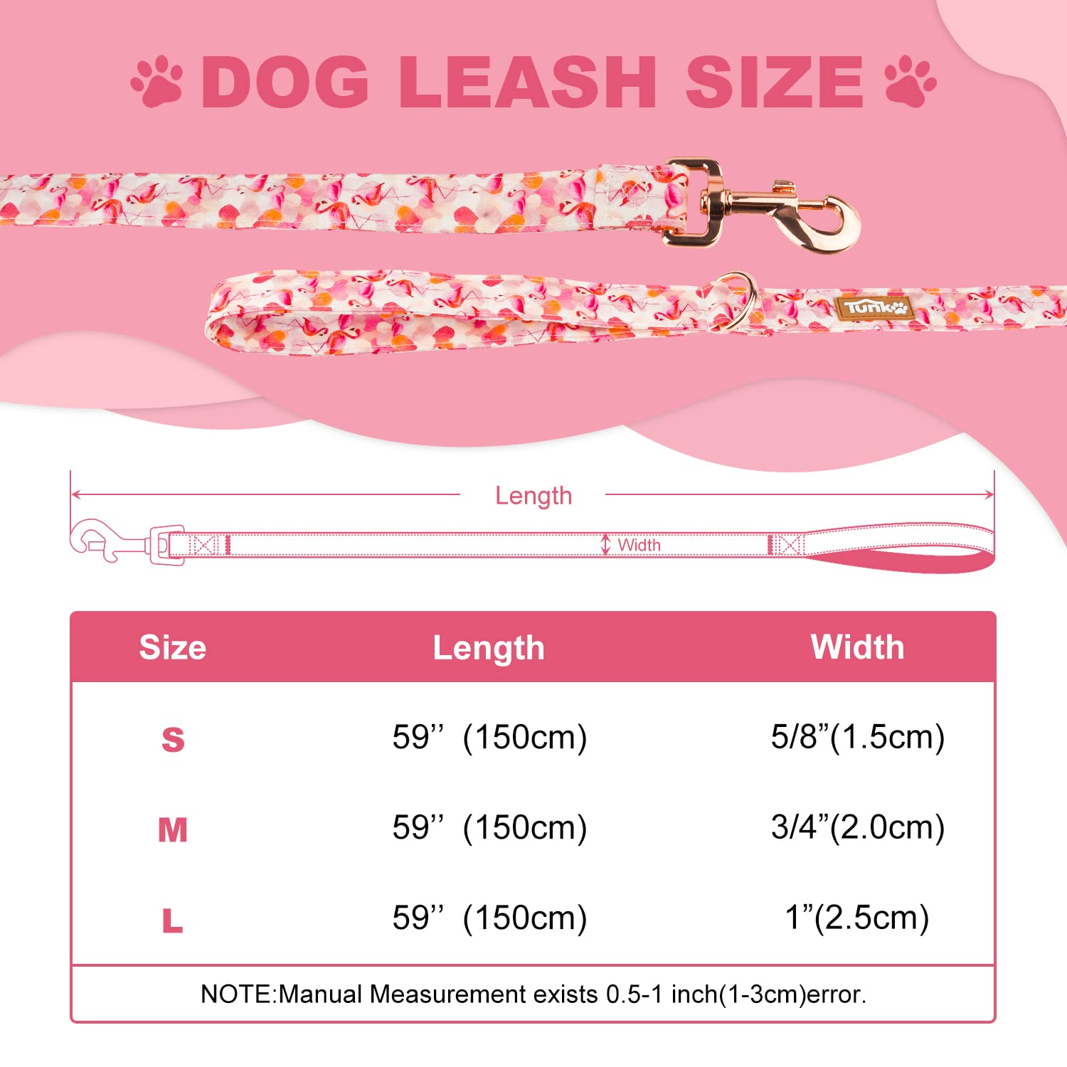 Tunkoo Pink Flamingo Heart Dog Leash size options display for easy selection.