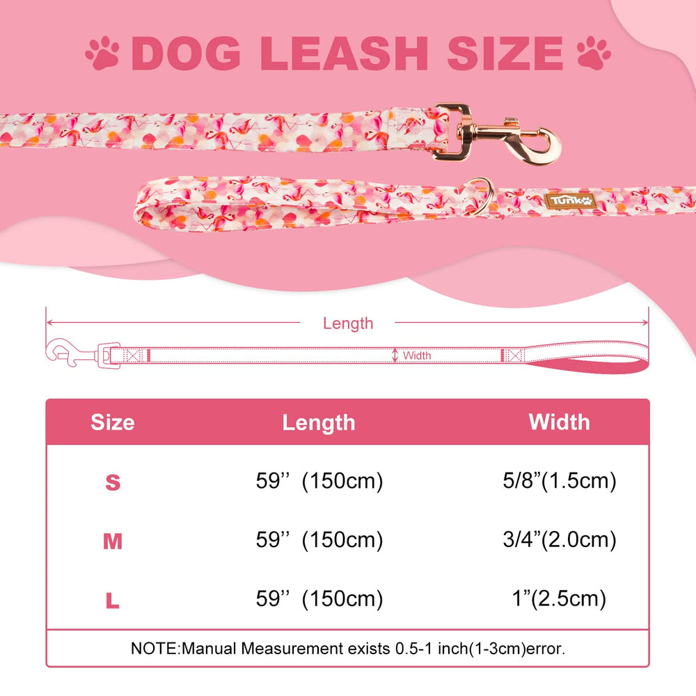 Tunkoo Pink Flamingo Heart Dog Leash size options display for easy selection.