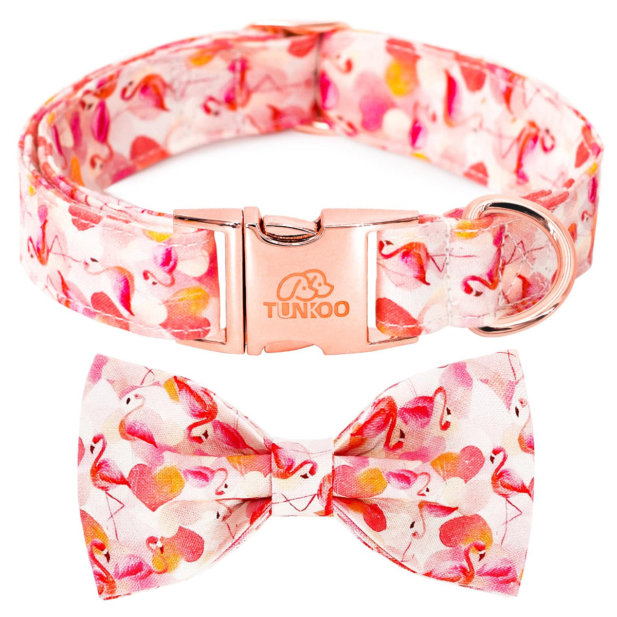 Tunkoo dog collar with pink flamingo heart bow tie for stylish daily walks