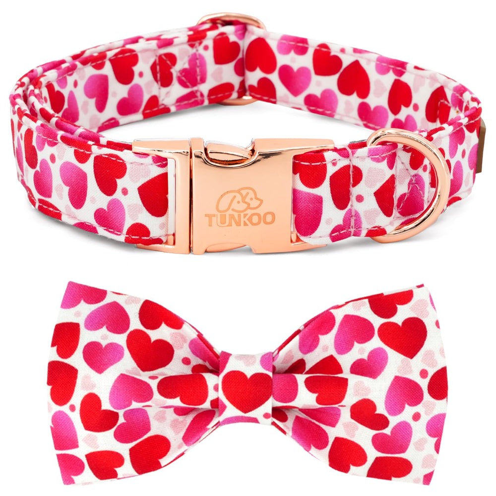 Tunkoo Valentine dog collar with bow tie and red hearts for stylish walks.