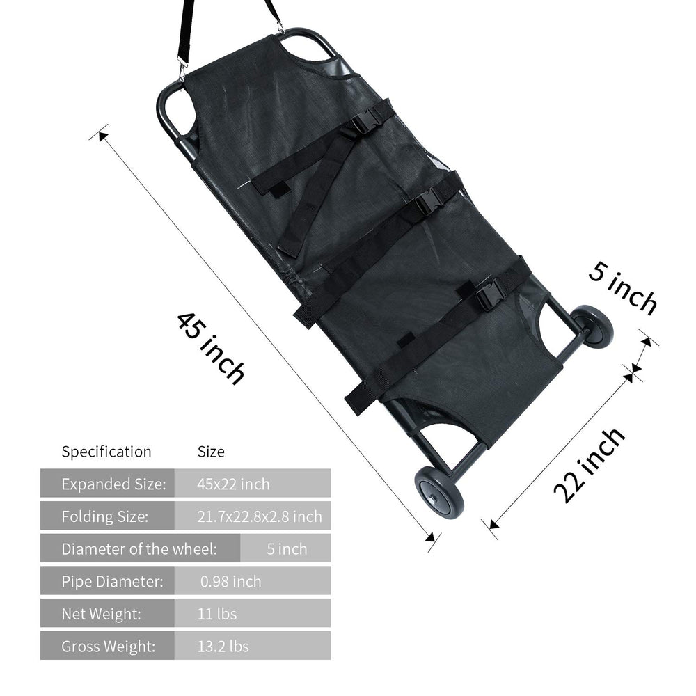TUNTROL dog stretcher with quiet wheels shows smooth movement on rough surfaces.