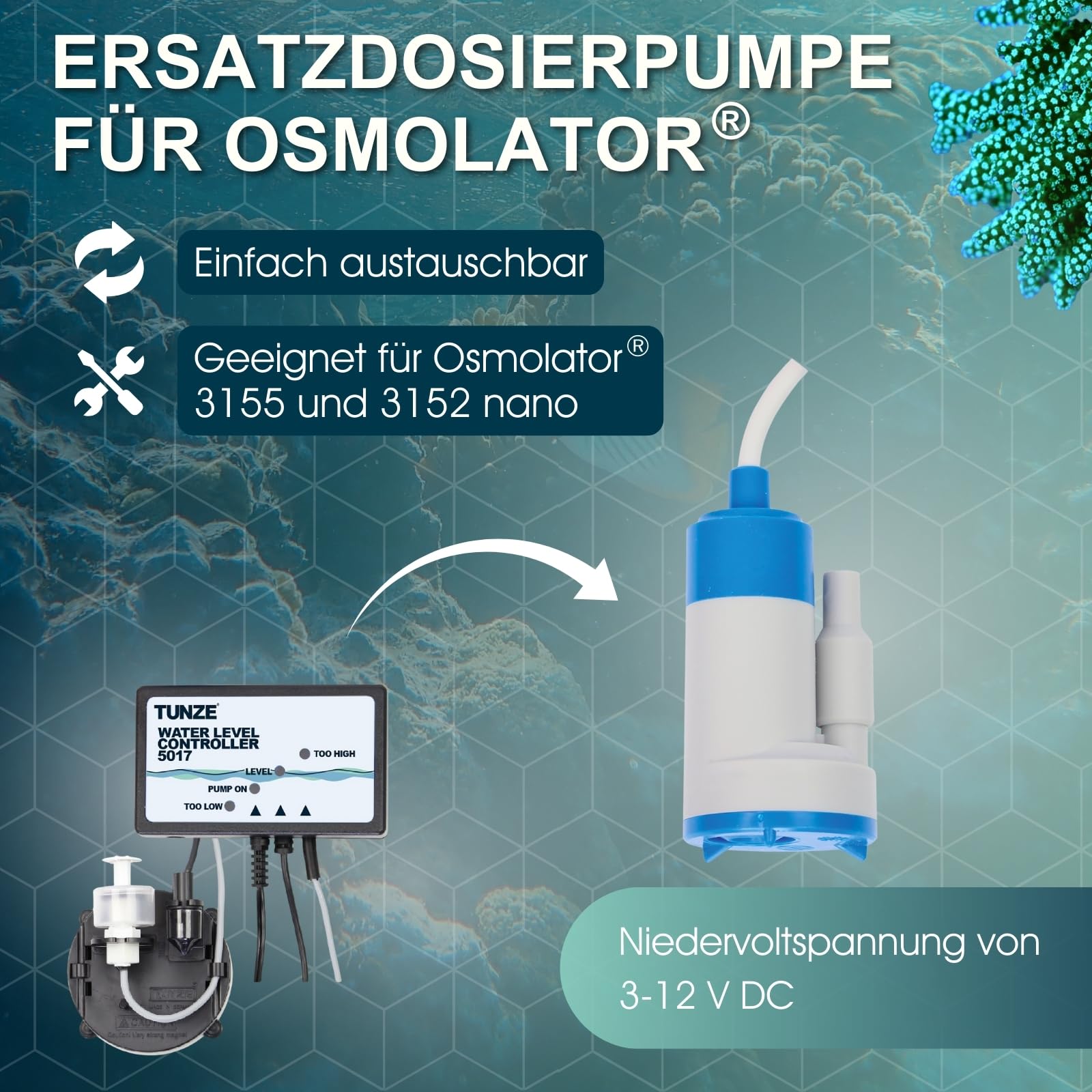 Tunze replacement metering pump side view highlighting compact footprint for easy installation