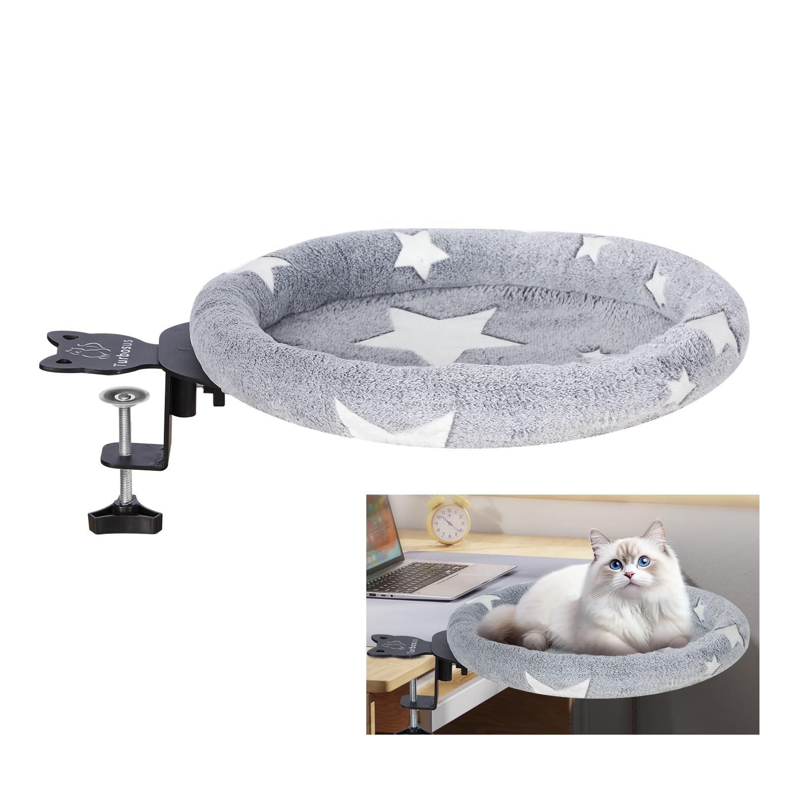 Turbosus cat desk bed glow-in-the-dark astronaut pattern creates cozy night-time vibes.