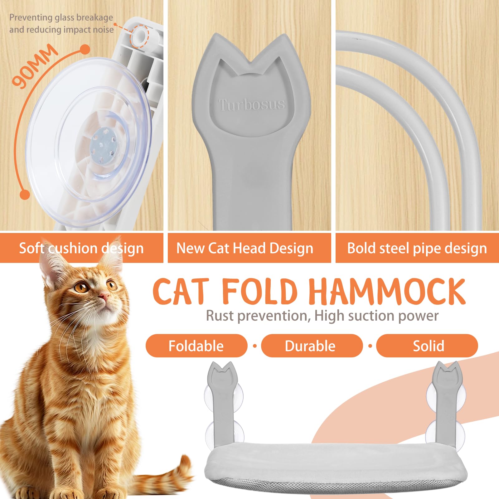 Turbosus cat window perch suction cups ensure secure, quiet mounting.