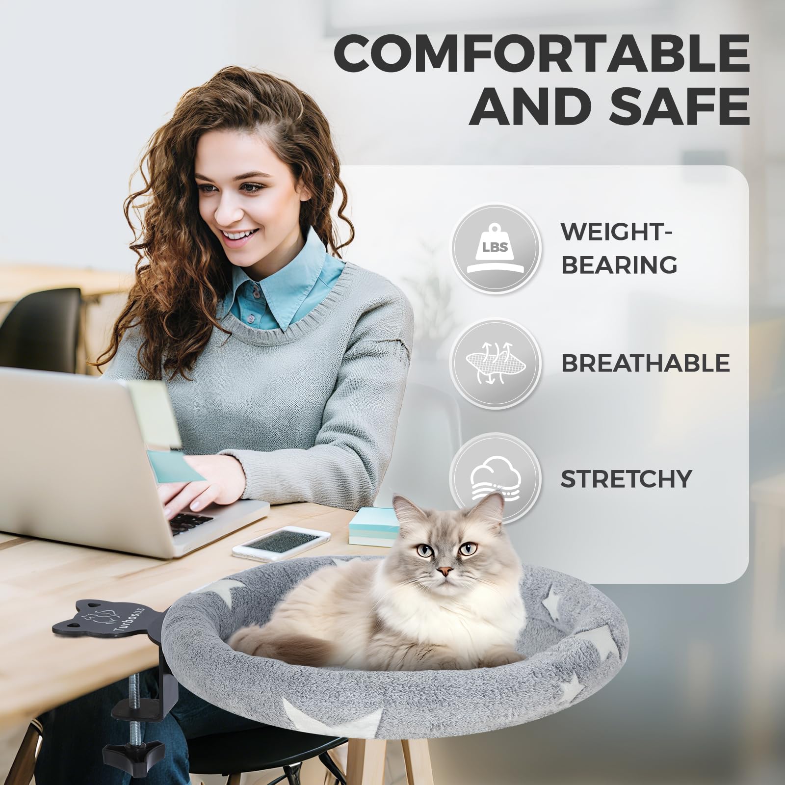 Turbosus space-saving foldable design frees desk space when not in use.