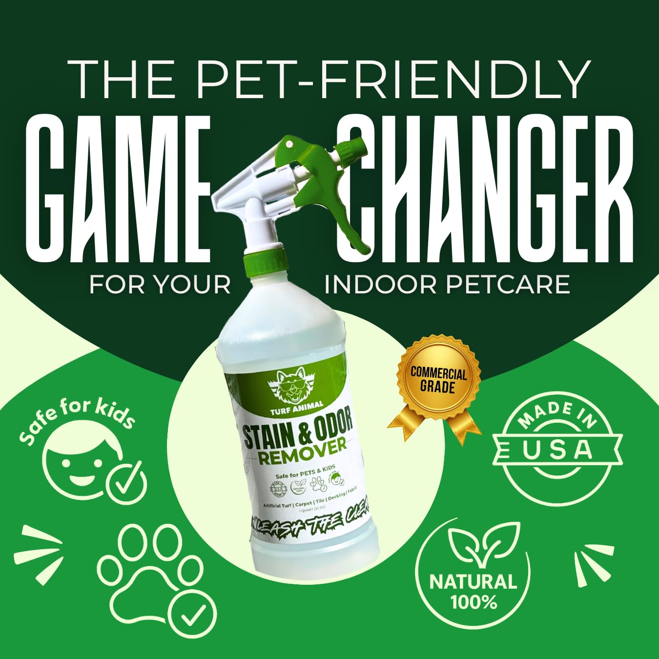 Turf Animal INDOOR spray-application shows quick odor and stain fighting on upholstery.