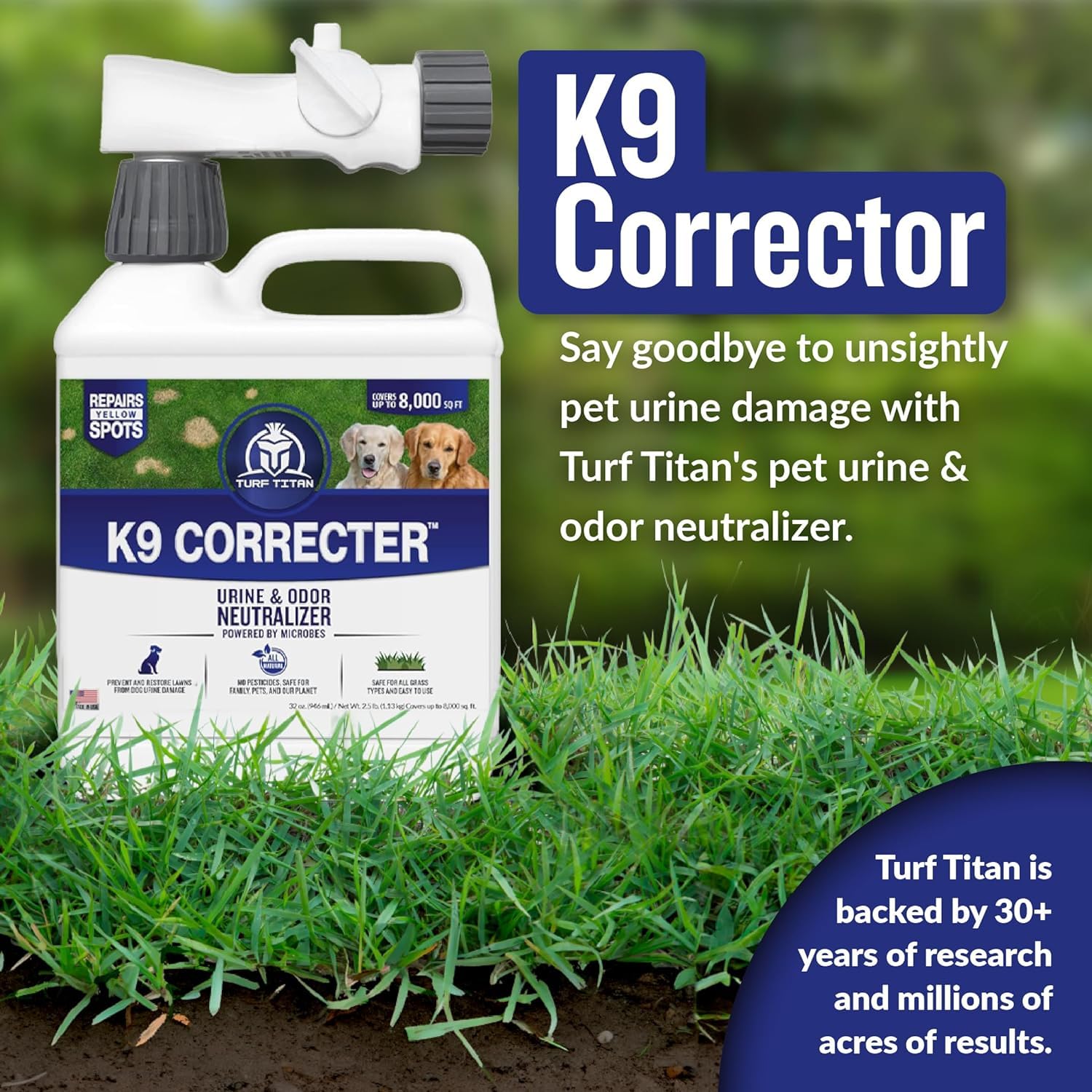 Turf Titan K9 Correcter yellow-spot before-after highlights lawn improvement