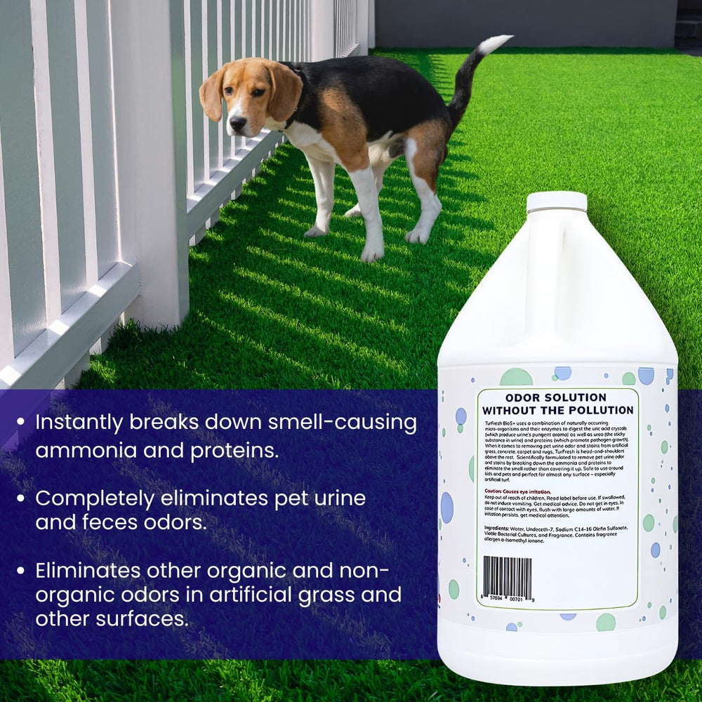 TurFresh BioX dilution-guide image demonstrates safe mixing for pets and yards