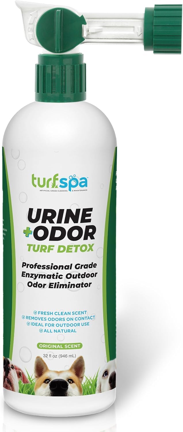 TurfSpa Turf Detox bottle shows enzyme cleaner for deep outdoor odor elimination.