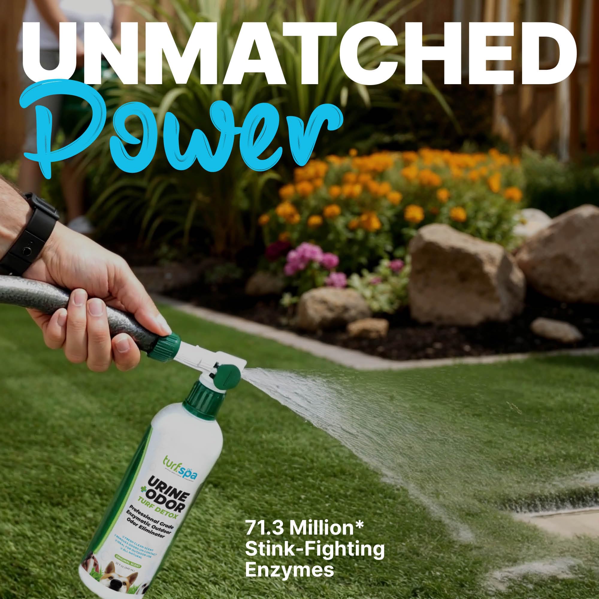 TurfSpa Turf Detox spray application demonstrates easy odor control around turf and patios.