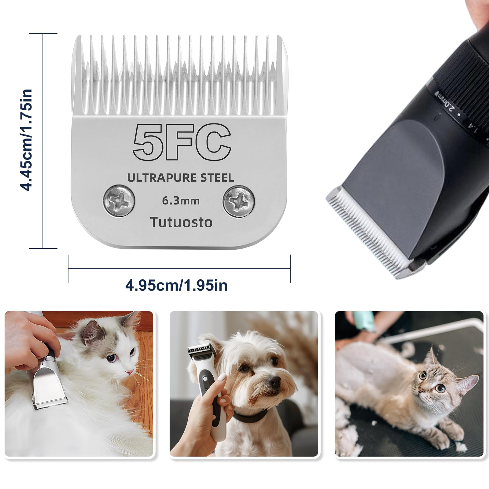 Tutuosto 5FC blade 6-3mm cutting-size view emphasizes precise trimming of paws and face.