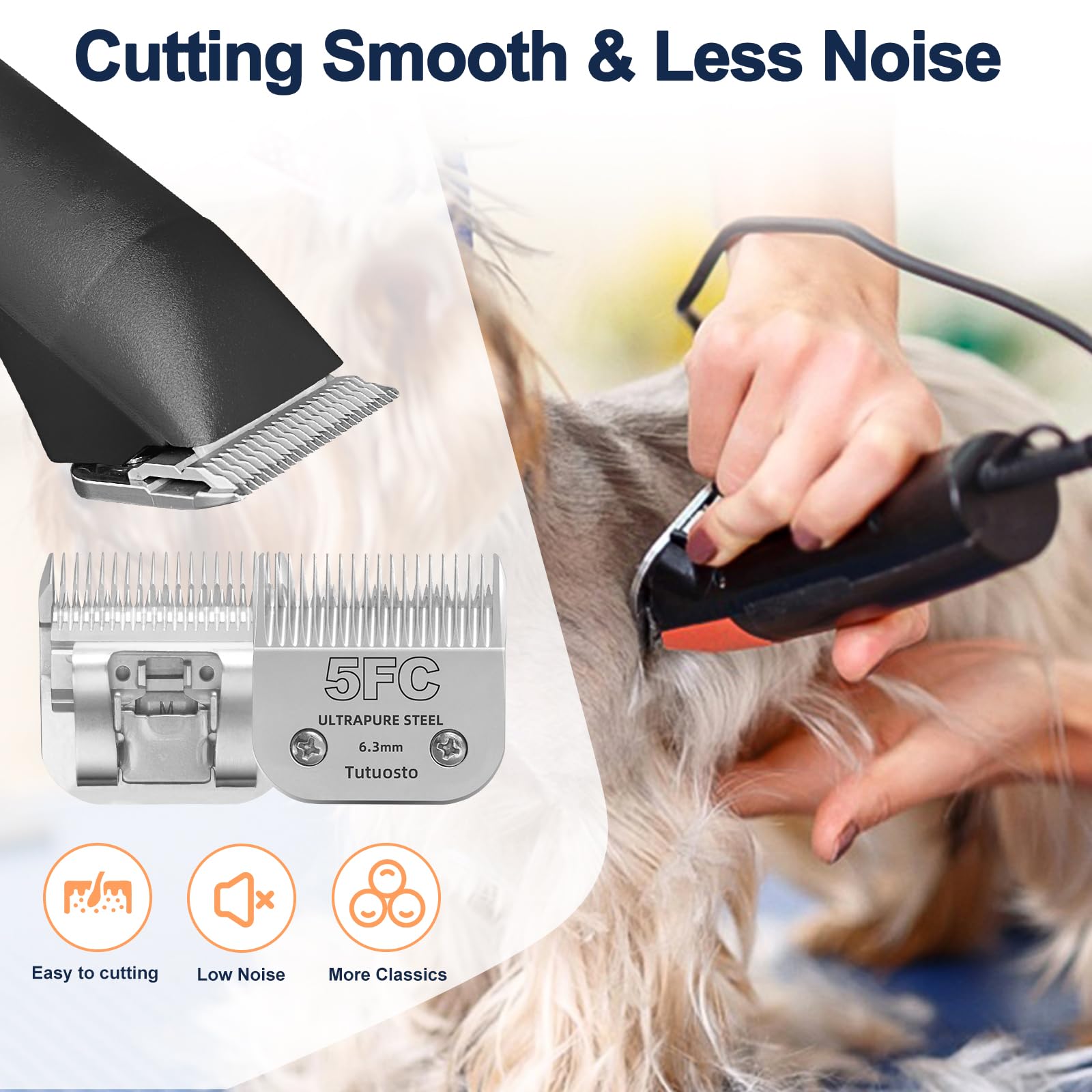 Tutuosto blade reduces noise for smoother pet grooming experiences.