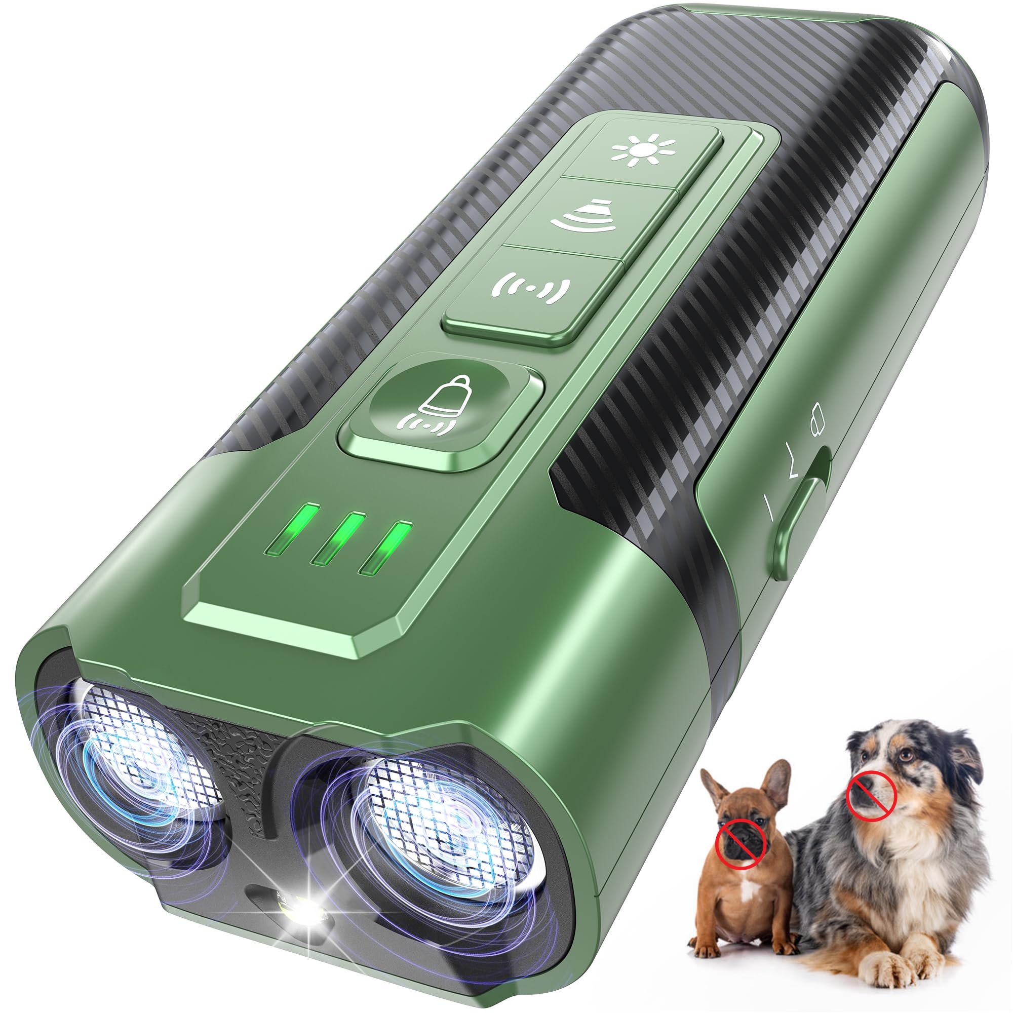 TUITUITA ultrasonic dog bark deterrent shown with 50ft range for outdoor walks.