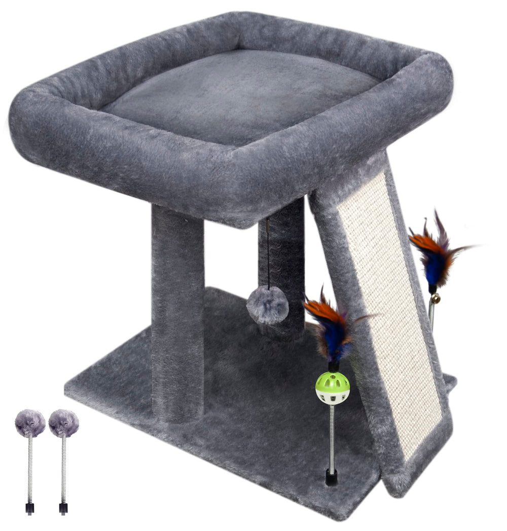 TWDEPART cat tree with hanging and spring balls for interactive play and exercise.