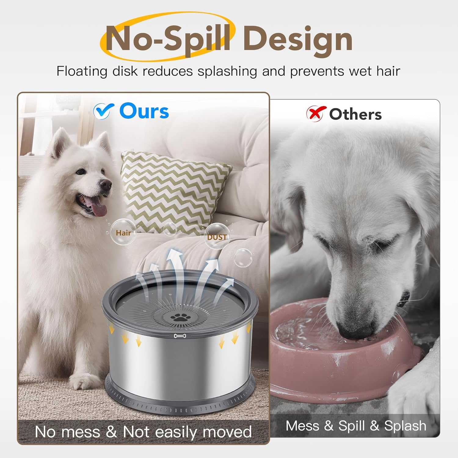 Twinsing stainless steel dog water bowl highlights durable, easy-clean material.