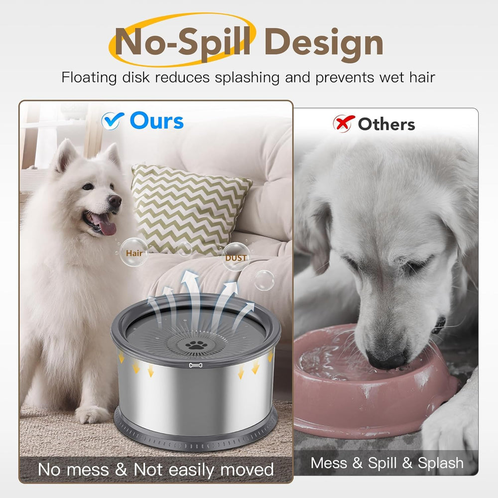 Twinsing stainless steel dog water bowl highlights durable, easy-clean material.