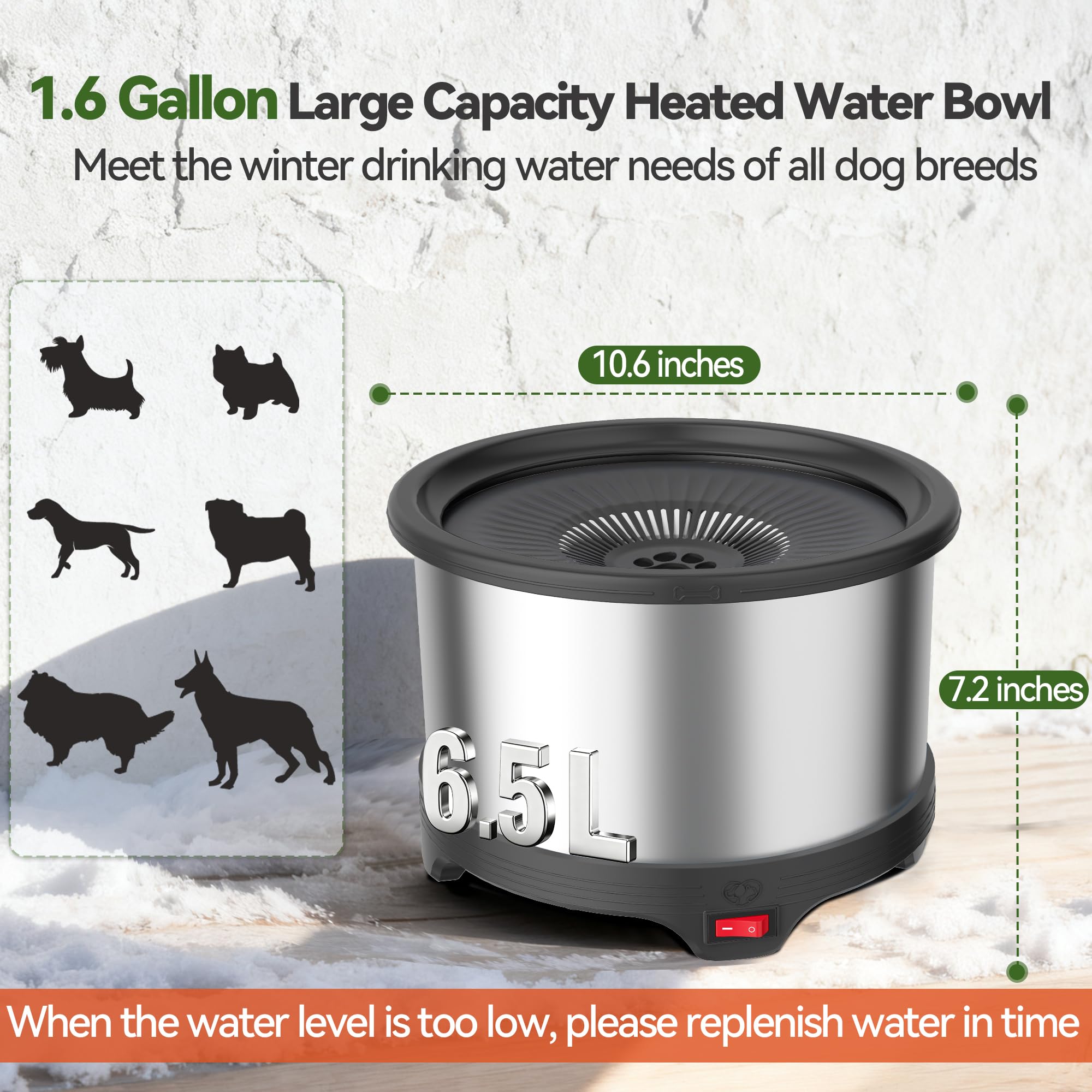 Twinsing stainless-steel heated bowl interior provides quick warm water in cold weather.