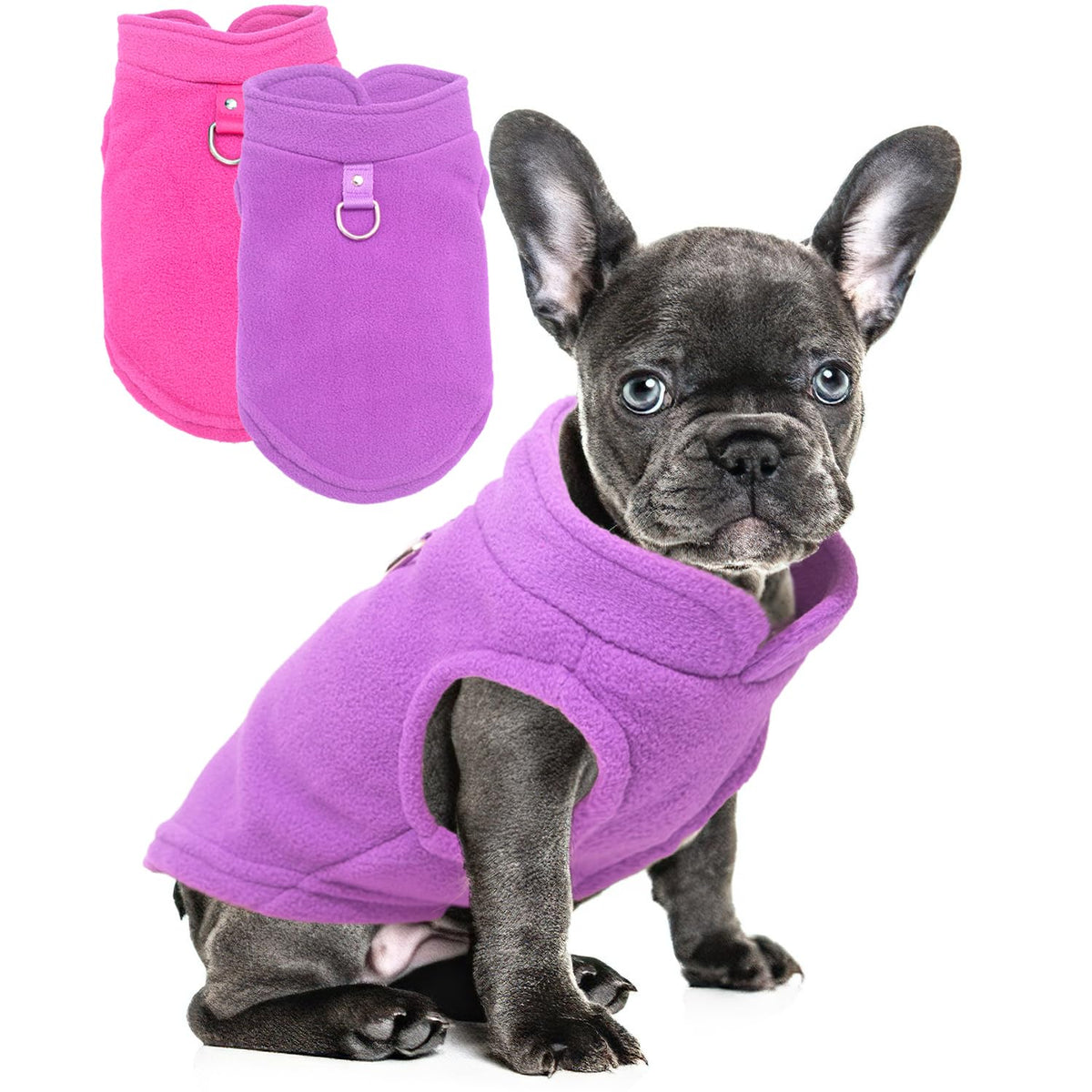 2 Fleece Dog Sweater Vests rose model wearing warm comfort for chilly walks.