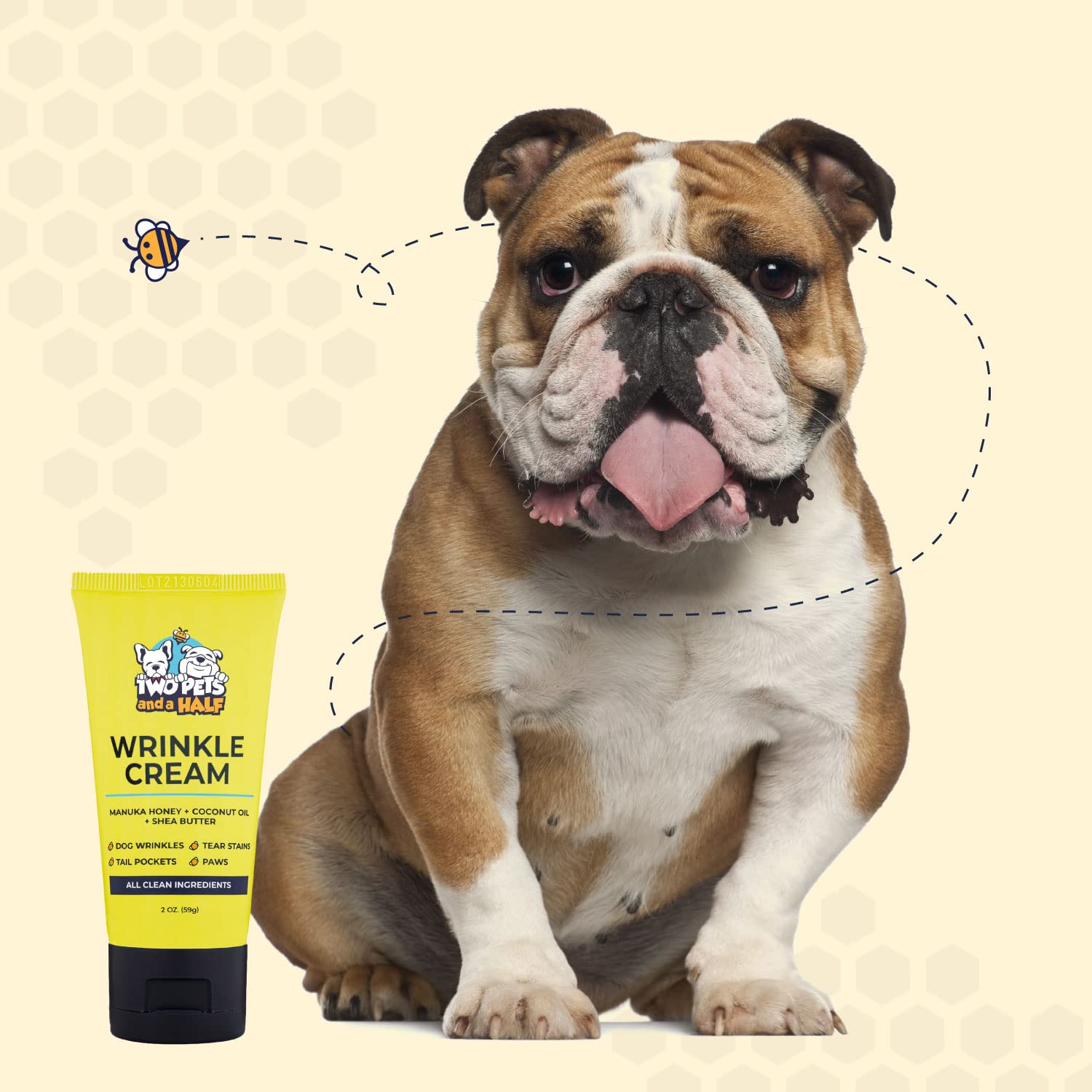 Two Pets and a Half bulldog wrinkle care packaging keeps supplies organized.