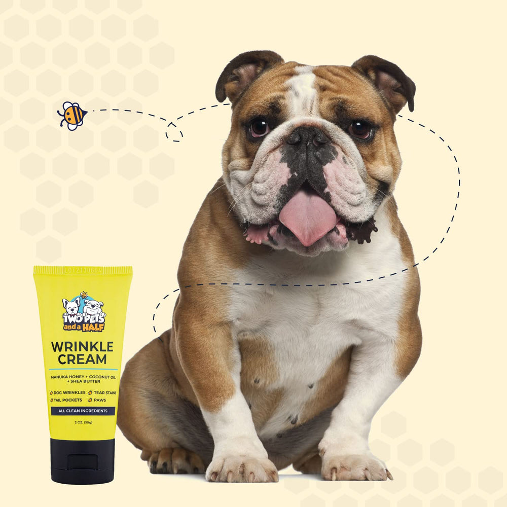 Two Pets and a Half bulldog wrinkle care packaging keeps supplies organized.