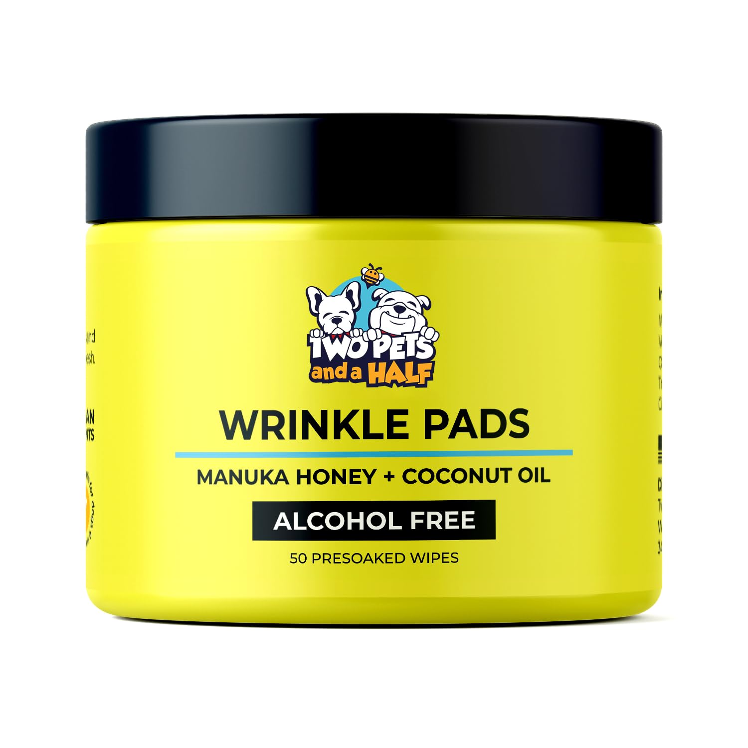 Two Pets and a Half wrinkle wipes packaging shows convenient alcohol-free dog care on the go