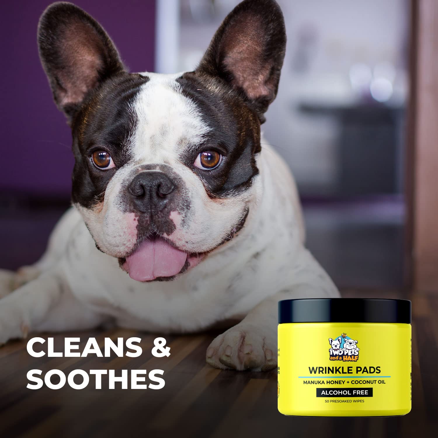Two Pets and a Half wrinkle wipes pug face detail for quick cleanups after play