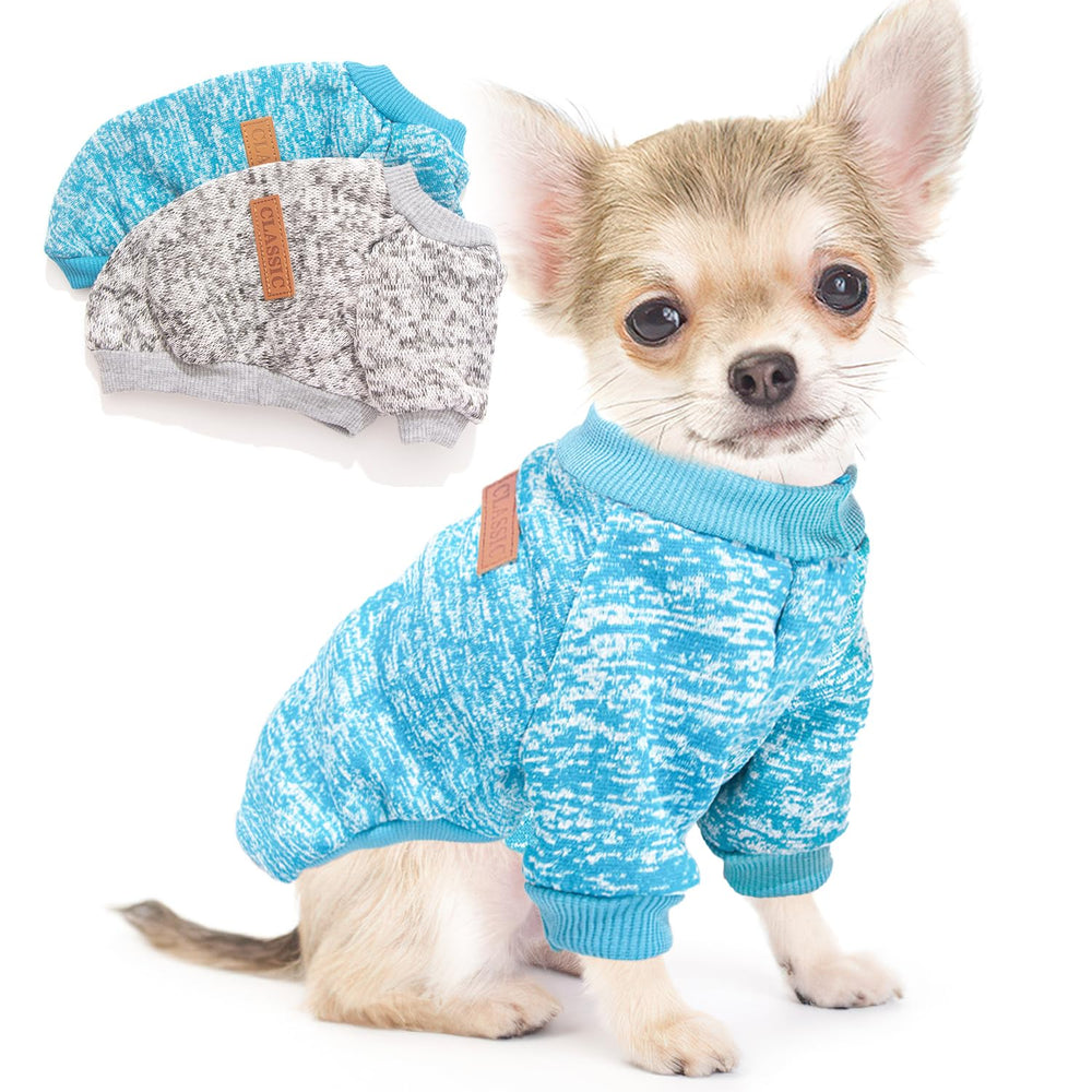 Two-piece dog sweater set front view shows cozy knit warmth for small breeds.