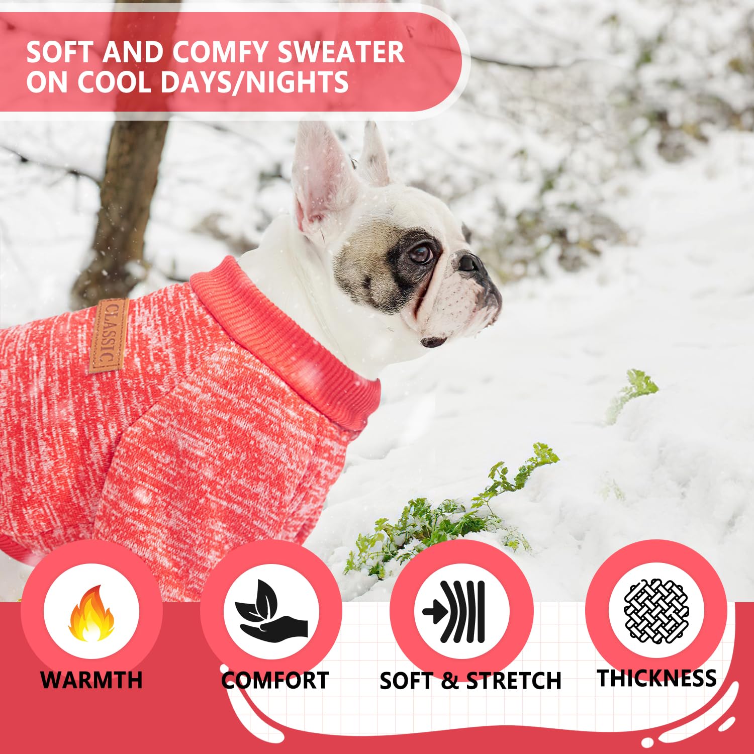Two-piece dog sweater set packaging shows easy-care instructions.